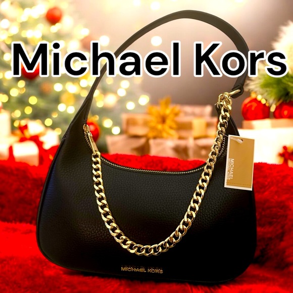 Michael Kors Black PIPER Tote, Shoulder Bag With Chain Accents Pebbled Leather - Picture 3 of 16